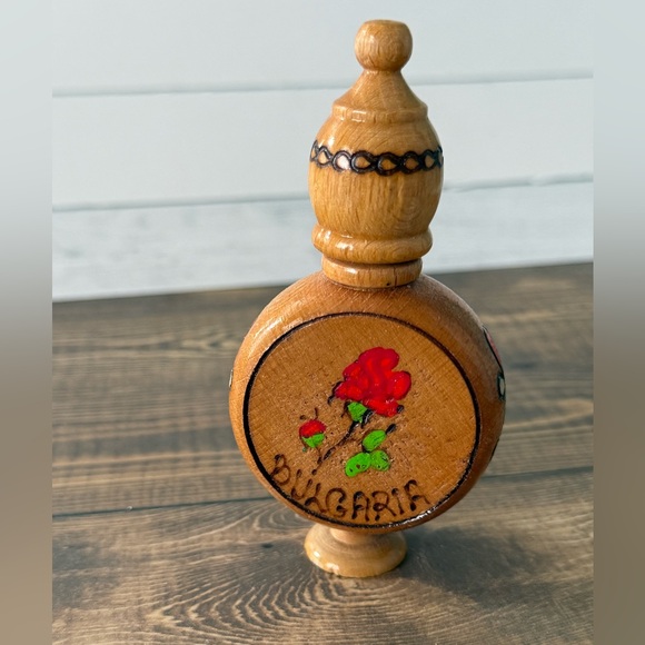 Vintage Bulgarian Wooden Perfume Bottle with Red Rose Design - Picture 1 of 7